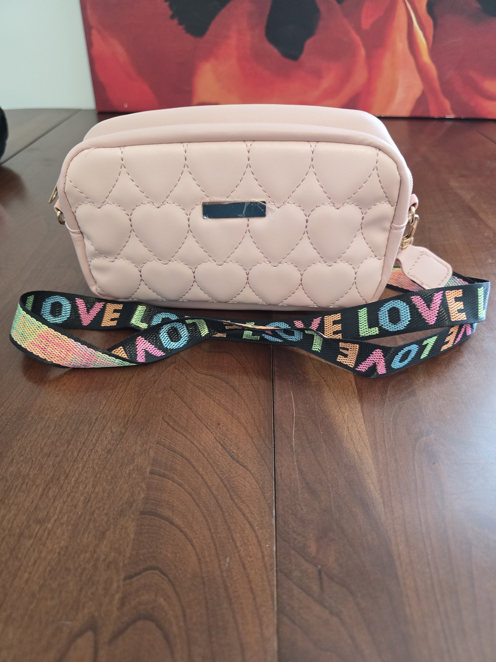 Pink Quilted Crossbody Bag 👛 with 'LOVE' Strap, NWOT, 9" x 5.5" x 2"